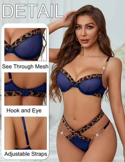 Avidlove Sexy Lingerie Set Mesh See Through Underwire Bra Panty Set Leopard Splice Push Up Lingerie with Chain