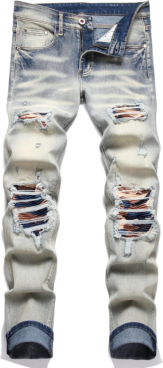 OIIIO Men's Patch Ripped Stretch Regular Fit Jean