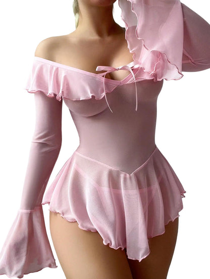 Sexy Lingerie for Women Rave Outfits Clubwear See Through Lingerie Sets Bell Sleeve Ruffle Mesh Tops