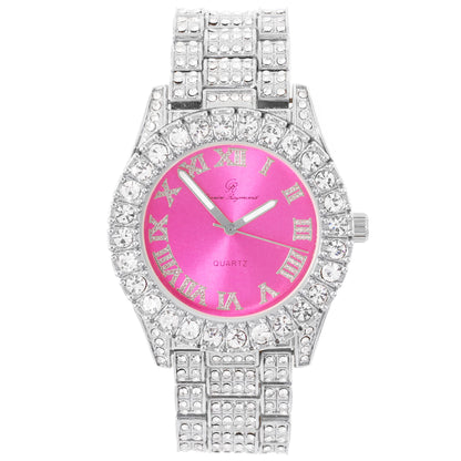 Charles Raymond Women's Big Rocks Bezel Colored Dial with Roman Numerals Fully Iced Out Watch - ST10327LA