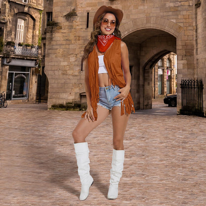 HyperFun Cowgirl Outfits for Women Western Costume Accessories Cowboy Hat Tassels Fringe Vest Earring Hippie Glasses Bandana