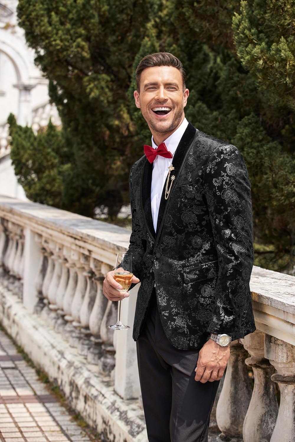 COOFANDY Men's Velvet Tuxedo Floral Blazer Jacket One Button Shawl Lapel Suit Jacket for Dinner Prom Party Wedding