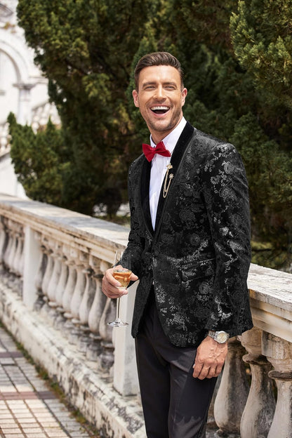 COOFANDY Men's Velvet Tuxedo Floral Blazer Jacket One Button Shawl Lapel Suit Jacket for Dinner Prom Party Wedding