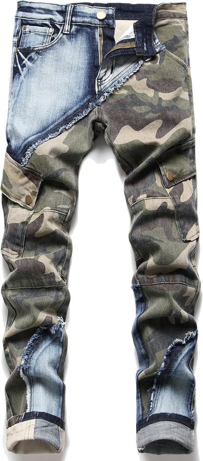 Enrica Men's Ripped Straight Slim Moto Biker Jeans