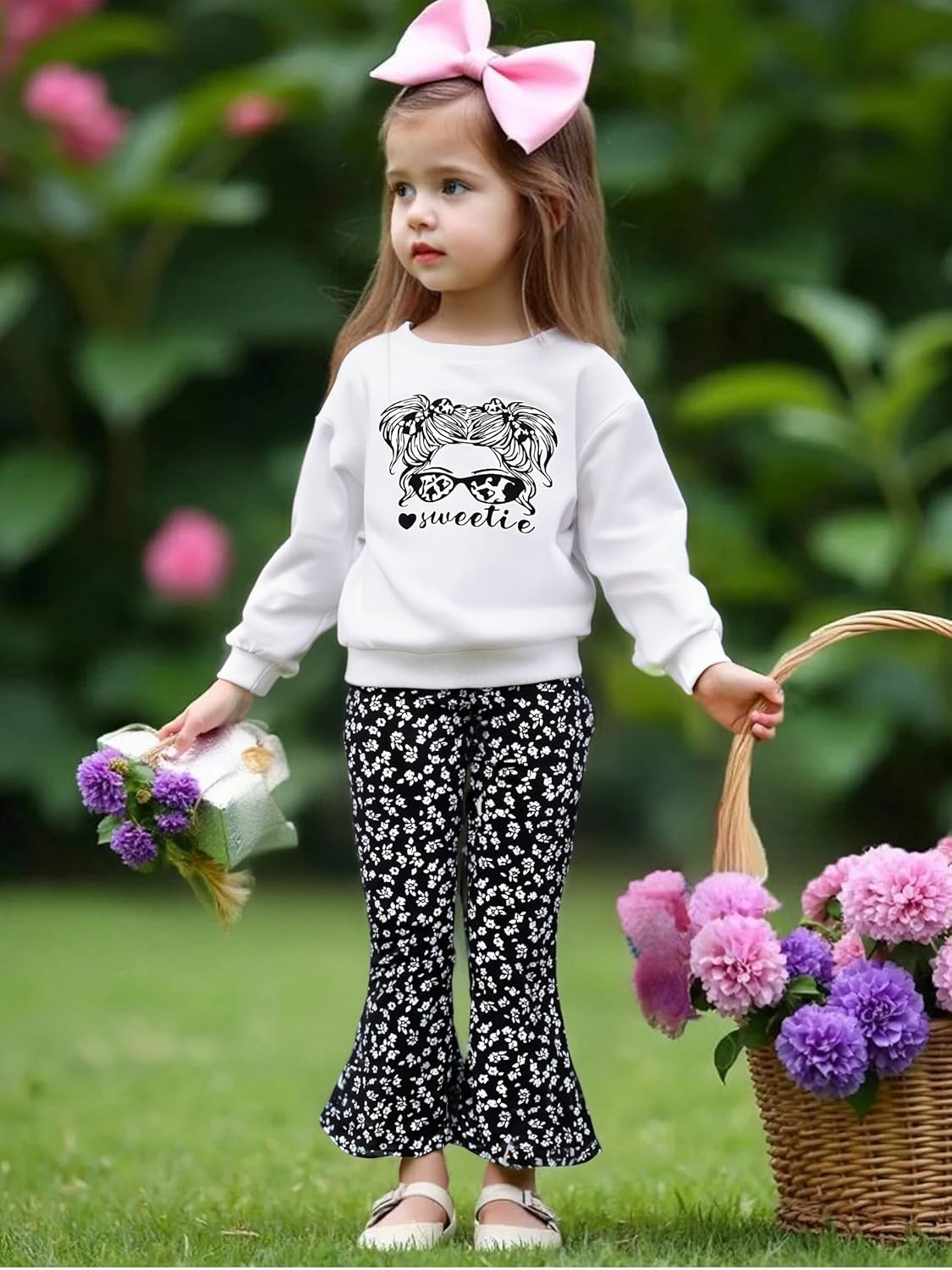 Toddler Girl Clothes Long Sleeve Cartoon & Letter Graphic Top + Fruit Stationery Print Flared Leg Pants