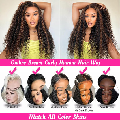 1B/30 Deep Wave Lace Front Wigs Human Hair Pre Plucked Balayage Ombre Brown Curly Lace Front Wig Human Hair13x4 HD Lace Frontal Glueless Wigs for Women 180% Density 26 Inch