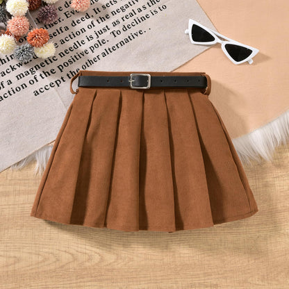 HINTINA Toddler Little Girl Sleeveless Button Vest Ribbed Long Sleeve Collar Top And Pleated Skirt With Belt