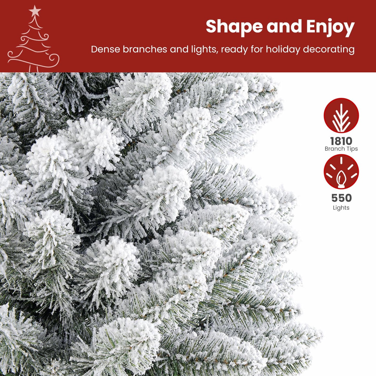 SHareconn 7.5ft Prelit Snow Flocked Spruce Artificial Christmas Tree with 350 Incandescent Warm White Lights, Foldable Stand, Snow Flocked Full Prelighted Xmas Tree W/1170 Branch Tips, 7.5 FT, White