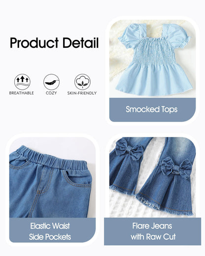 Kucnuzki Toddler Kids Girls Clothes Short Sleeve Shirt Top Flare Denim Jeans 2 Piece Outfits For Girls Cute Clothing Set