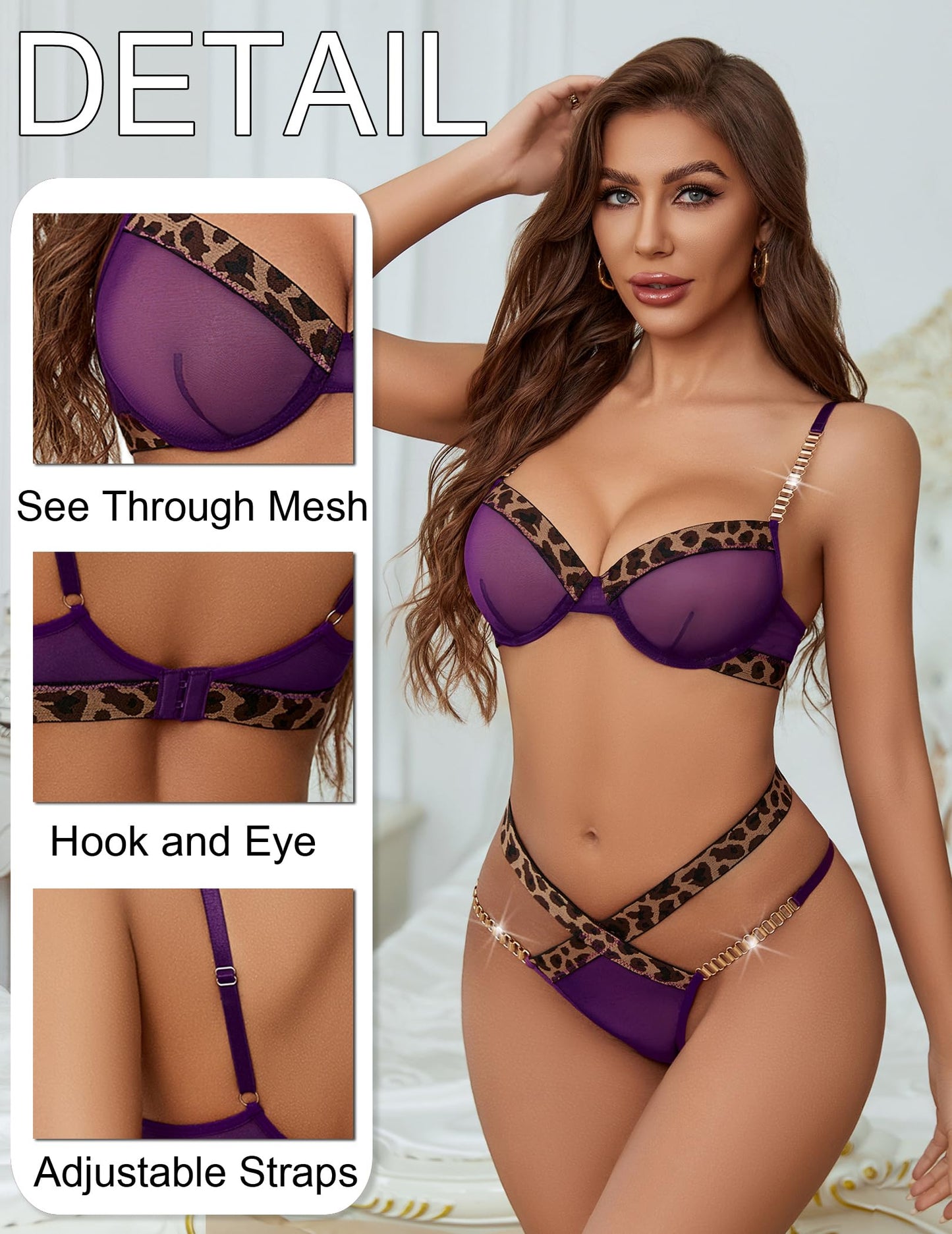 Avidlove Sexy Lingerie Set Mesh See Through Underwire Bra Panty Set Leopard Splice Push Up Lingerie with Chain