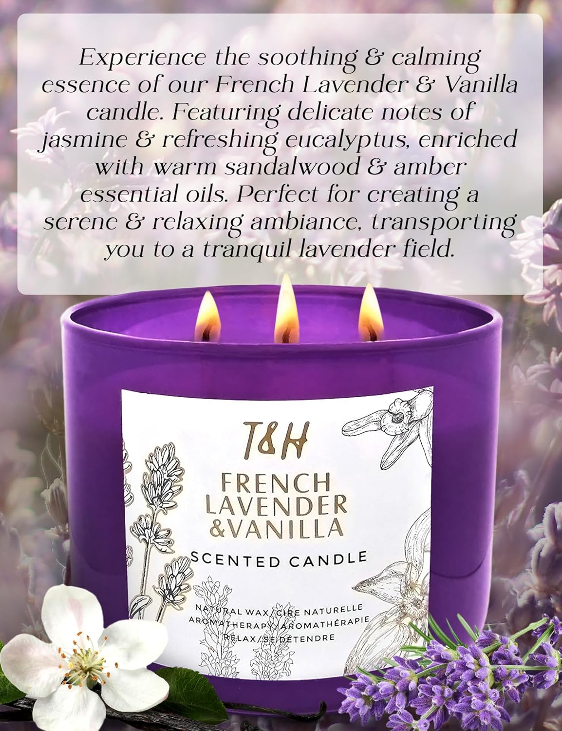 Lavender Vanilla Aromatherapy Candle 3 Wick | Scented Candles for Home | 15.8 oz Large Soy Candle | Relaxing Candles with Long Lasting Fragrance | Decorative Candle Gift for Women