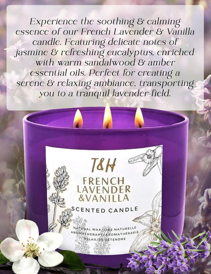 Lavender Vanilla Aromatherapy Candle 3 Wick | Scented Candles for Home | 15.8 oz Large Soy Candle | Relaxing Candles with Long Lasting Fragrance | Decorative Candle Gift for Women