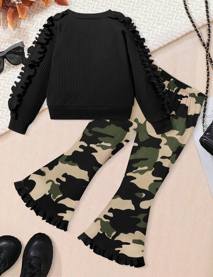 Toddler Girl Clothes Camo Girls Outfits Ruffle Sleeve Tops + Bell Bottom Flared Pants 2 Piece Winter Sweatsuit 2-10T