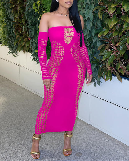 Women's Dress Sexy Club Dress Elegant Long Sleeve Off Shoulder Hollow Out Mesh Bodycon Party Dresses