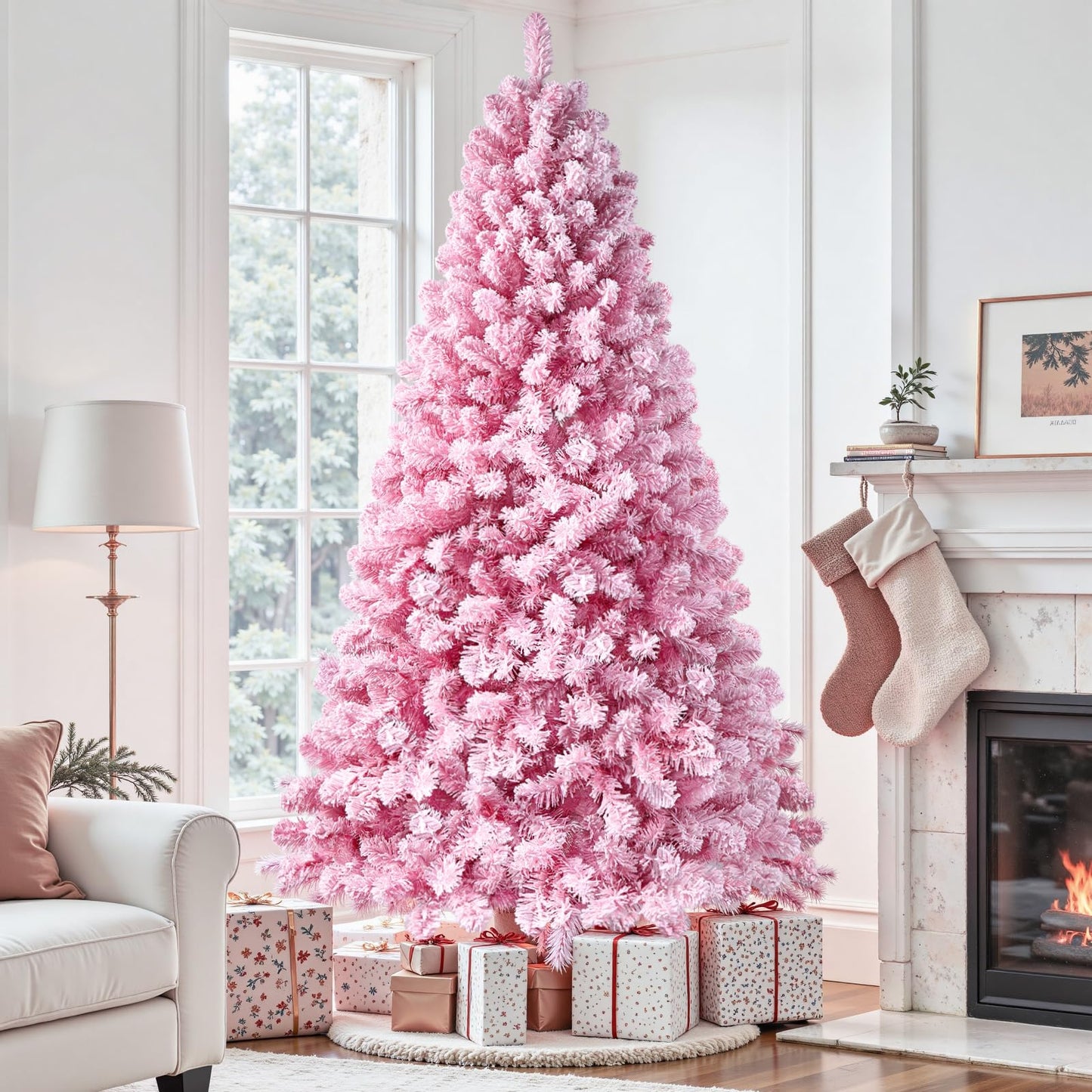 SHareconn 7.5ft Prelit Snow Flocked Spruce Artificial Christmas Tree with 350 Incandescent Warm White Lights, Foldable Stand, Snow Flocked Full Prelighted Xmas Tree W/1170 Branch Tips, 7.5 FT, White