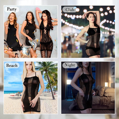 selizo Fishnet Lingerie Dress for Women, Black Fish Net Bodysuit Sexy Chemise Teddy Naughty Women's Mesh Lace Body Stockings