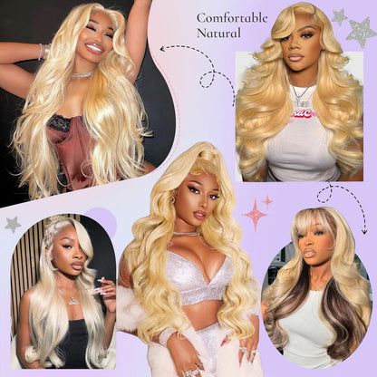 613 13x6 Lace Front Wig Human Hair 30 Inch Body Wave Blonde Wig, 200% Density Pre Plucked Blonde HD Lace Frontal Wig for Black Women