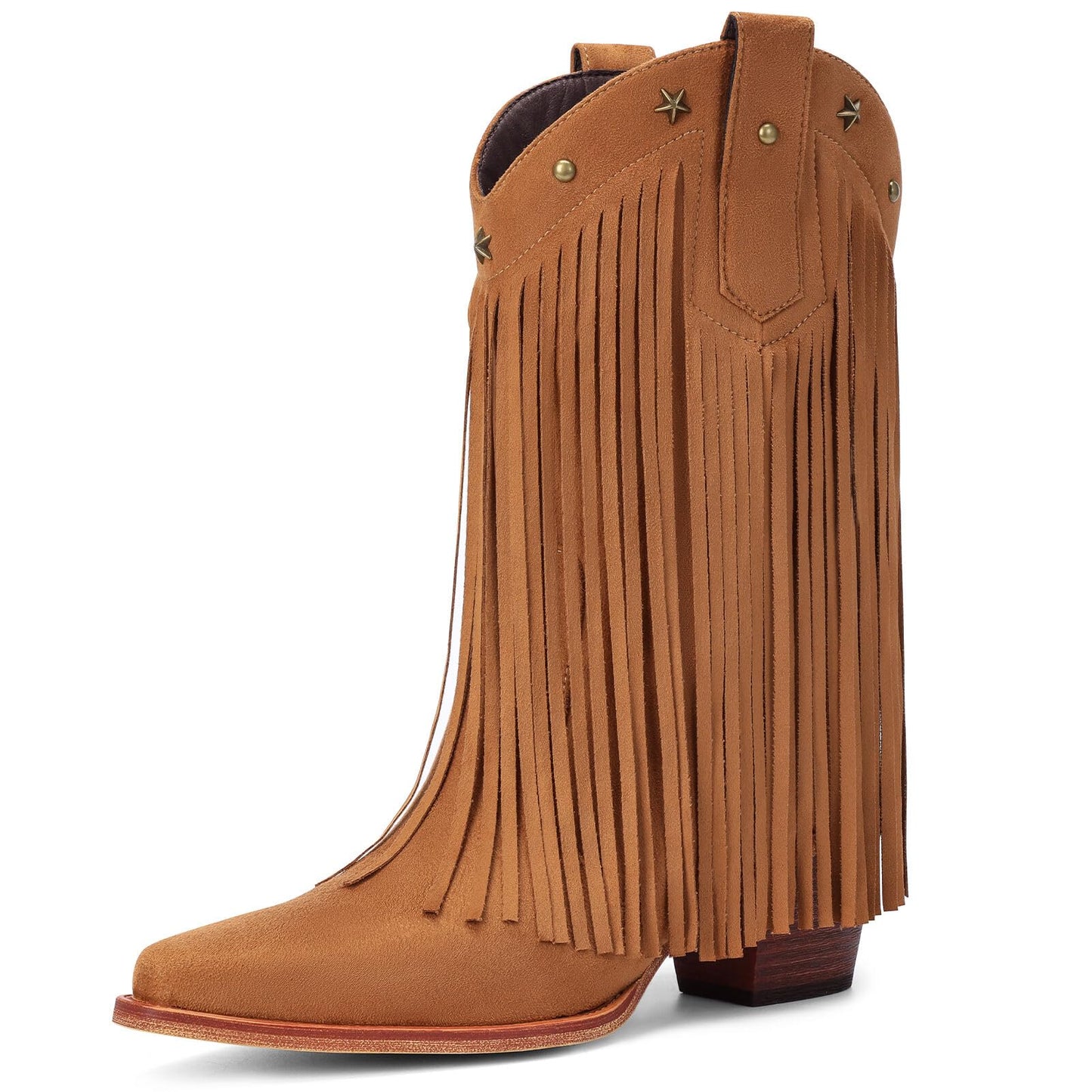 Fringe Cowboy Boots for Women – Mid Calf Cowgirl Boots with Star Studded, Pointed Toe and Chunky Heel, Perfect for Country Music Festivals