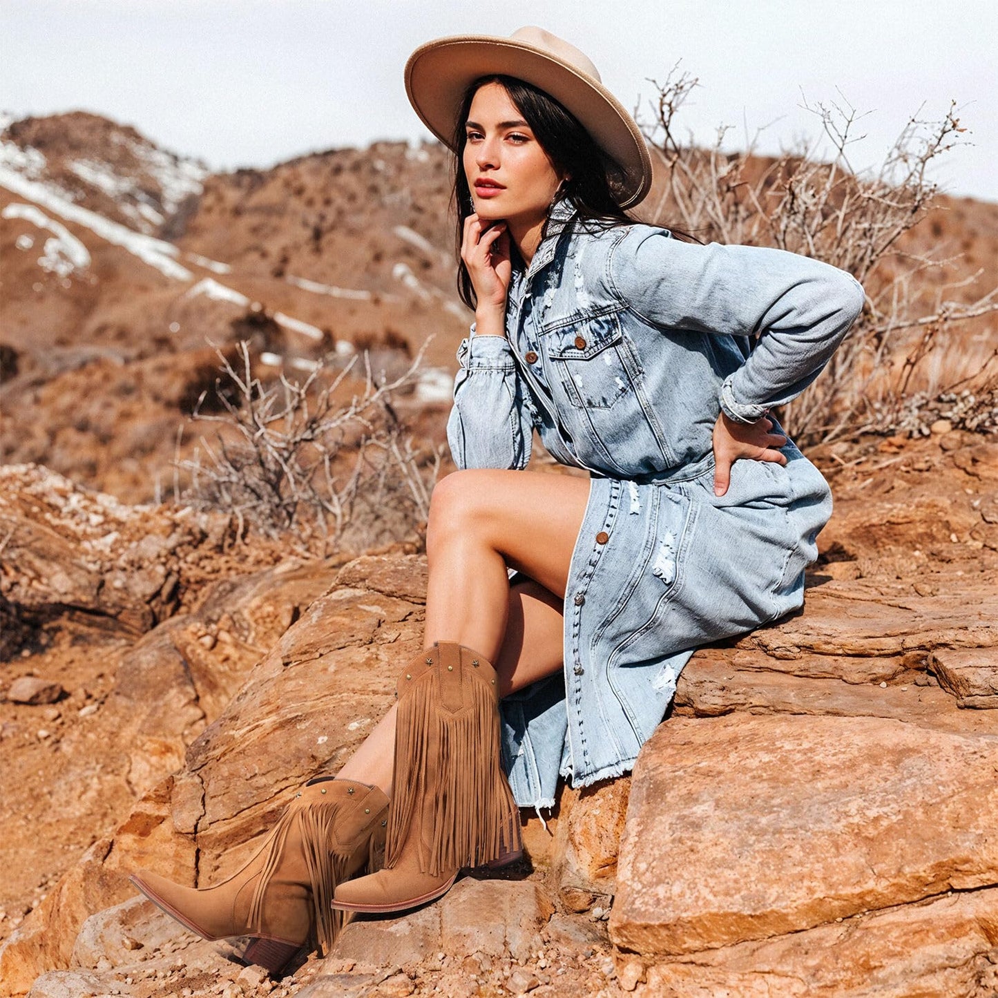 Fringe Cowboy Boots for Women – Mid Calf Cowgirl Boots with Star Studded, Pointed Toe and Chunky Heel, Perfect for Country Music Festivals