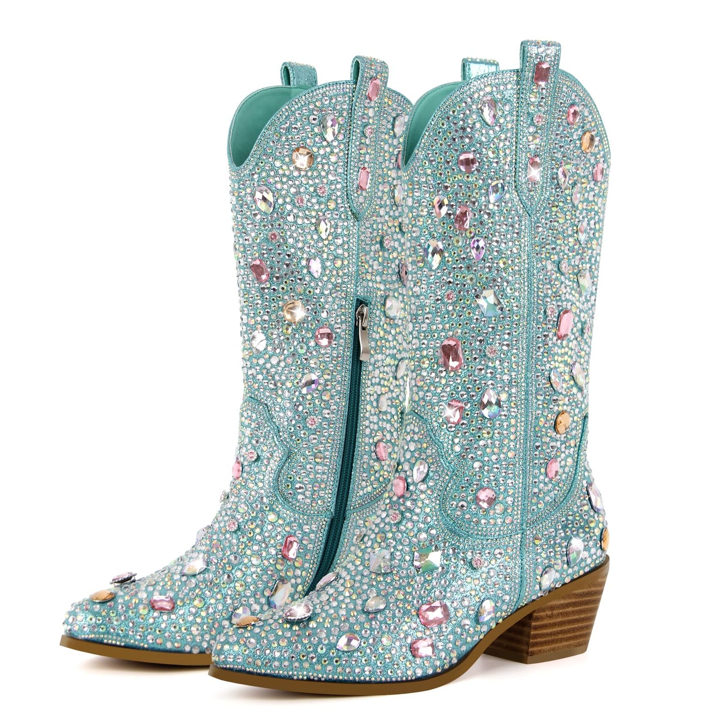Richealnana Sparkly Rhinestones Cowboy Cowgirl Style Boots Calf High Boots for Women 2INCH Heeled Shining Pull On Tabs