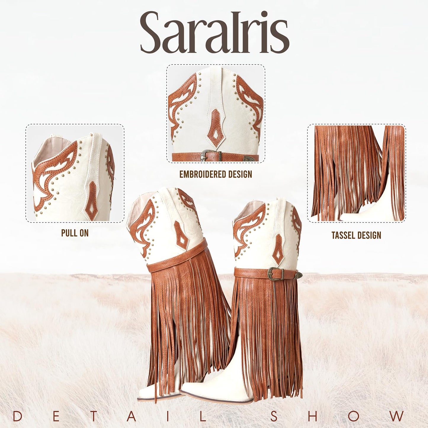 SaraIris Women's Western Bootie, Fashion Pointed Toe, Chunky Heel, Embroidered, Fringe, Pull-On, Mid Calf Boots, 2.75 inches, Knee High, PU, Denim, Rubber