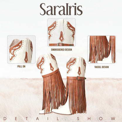 SaraIris Women's Western Bootie, Fashion Pointed Toe, Chunky Heel, Embroidered, Fringe, Pull-On, Mid Calf Boots, 2.75 inches, Knee High, PU, Denim, Rubber