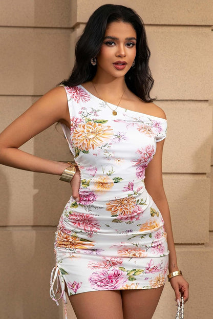 ABMOIU Women's Sexy Off Shoulder Bodycon Mini Dress 2025 Summer Printed Ruched Dresses Party Club Outfits