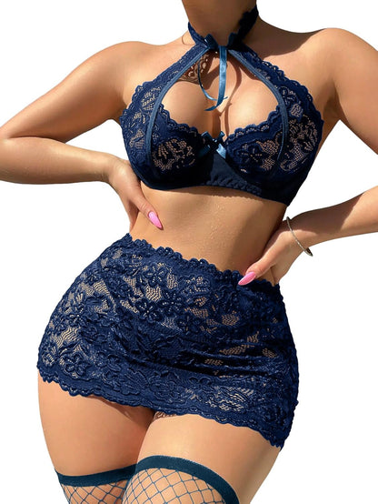 Sexy Cutout Halter Underwire Sheer Mini Skirt Stocking Lingerie Set 4 Piece Outfits