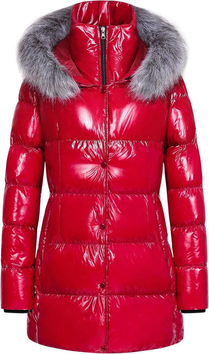 CREATMO US Women's Winter Snow Jacket Long Fur Puffer Coat With Removable Faux Fur Trim
