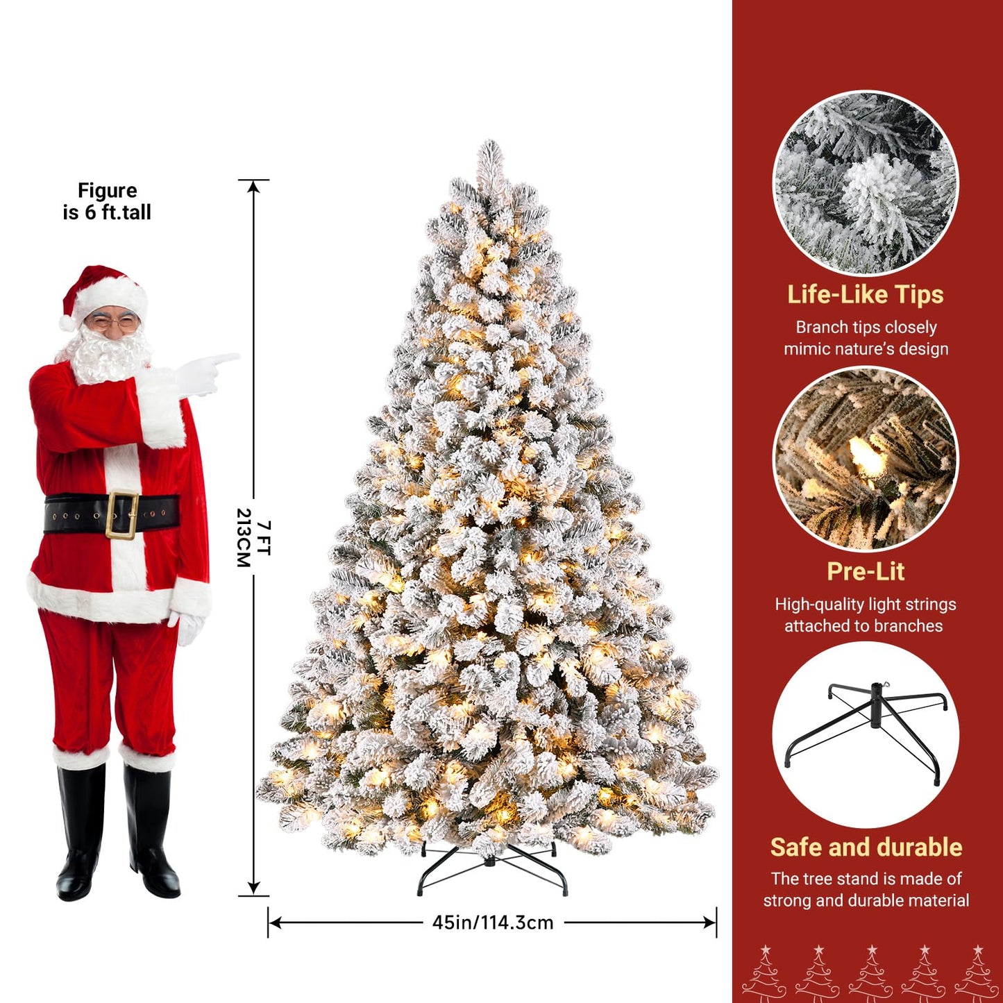 SHareconn 7.5ft Prelit Snow Flocked Spruce Artificial Christmas Tree with 350 Incandescent Warm White Lights, Foldable Stand, Snow Flocked Full Prelighted Xmas Tree W/1170 Branch Tips, 7.5 FT, White