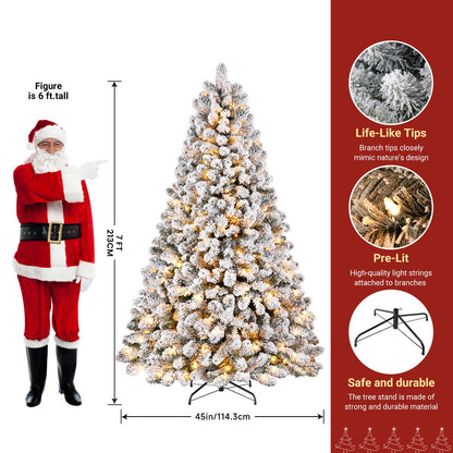 SHareconn 7.5ft Prelit Snow Flocked Spruce Artificial Christmas Tree with 350 Incandescent Warm White Lights, Foldable Stand, Snow Flocked Full Prelighted Xmas Tree W/1170 Branch Tips, 7.5 FT, White