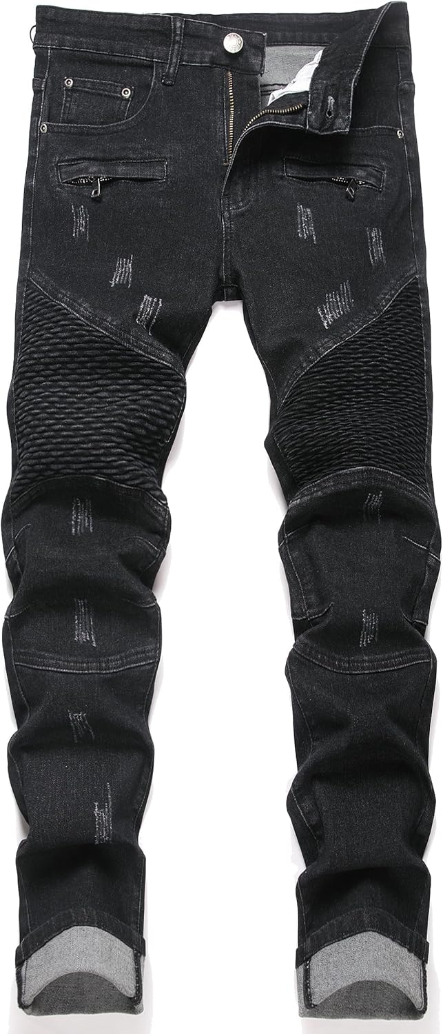 RXXKKK Men's Classic Zipper Biker Regular Fit Flex Jean