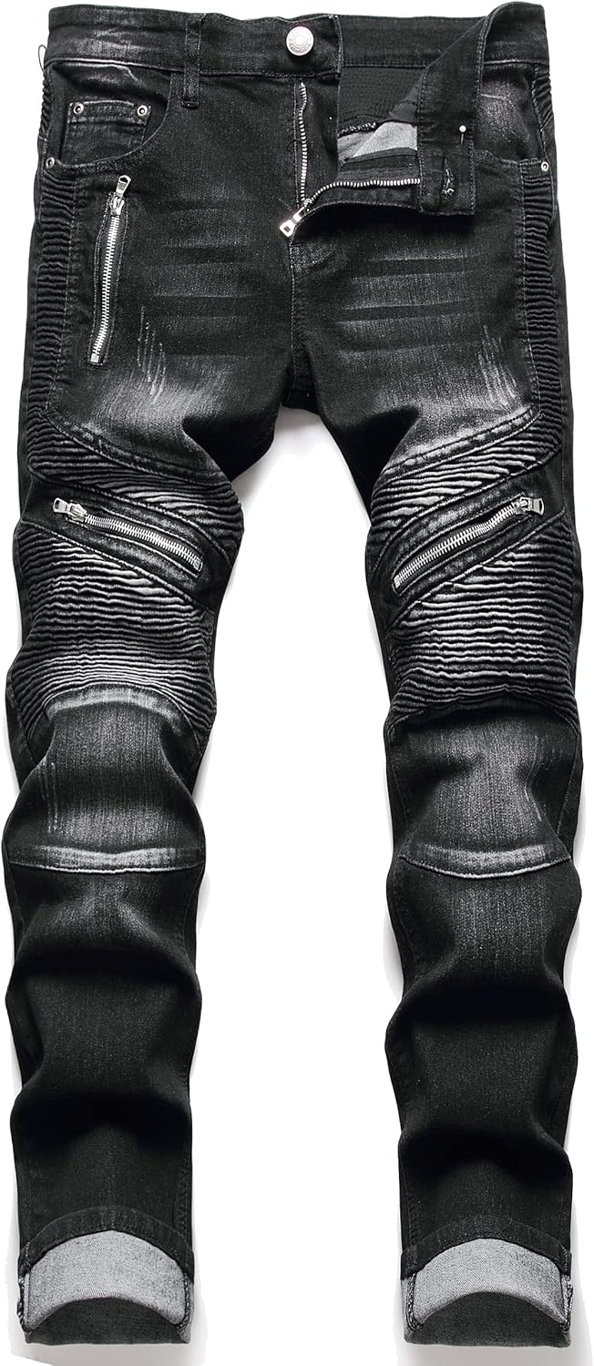 RXXKKK Men's Classic Zipper Biker Regular Fit Flex Jean