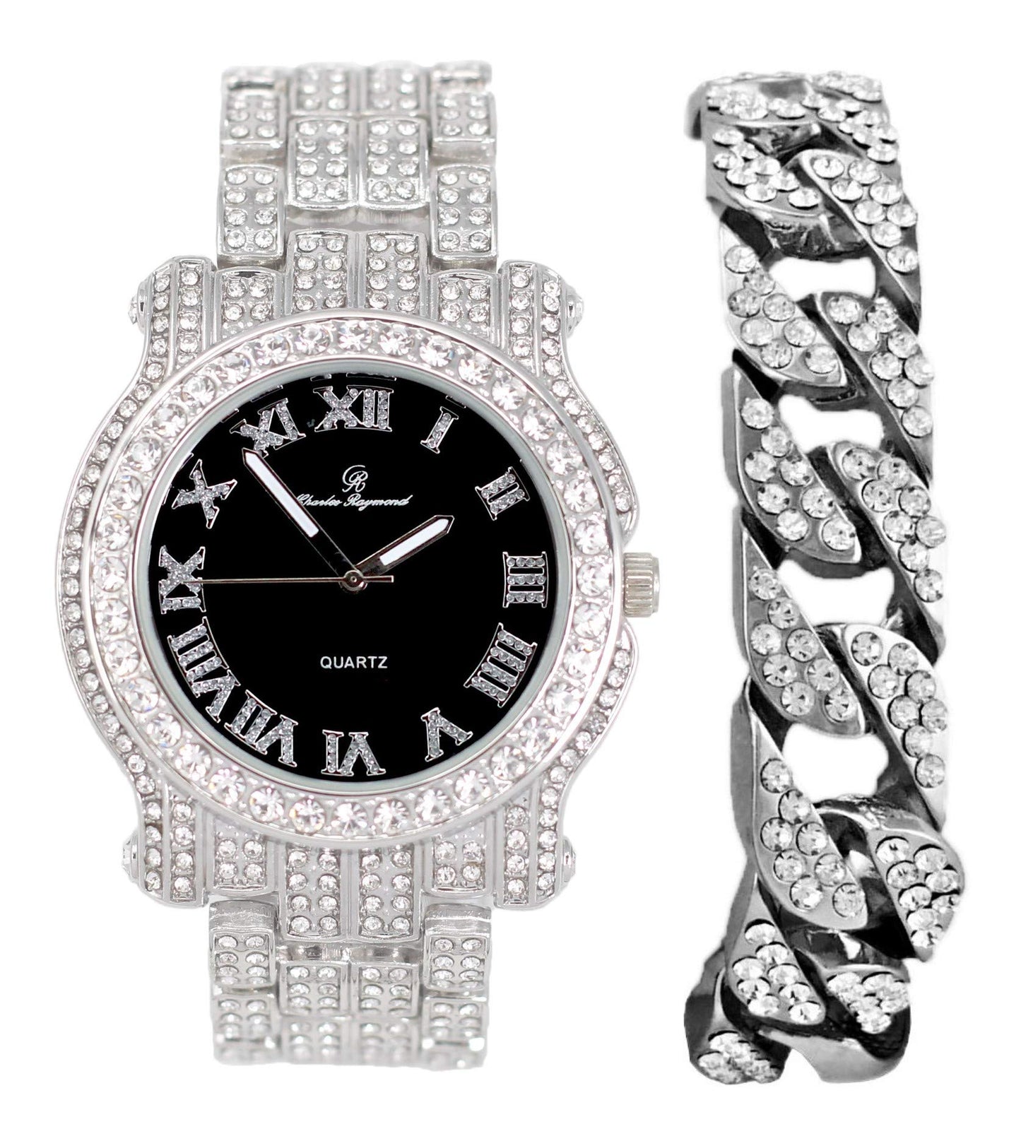 Charles Raymond Bling-ed Out Silver Round Luxury Mens Watch w/Bling-ed Out Bracelet - L0504B