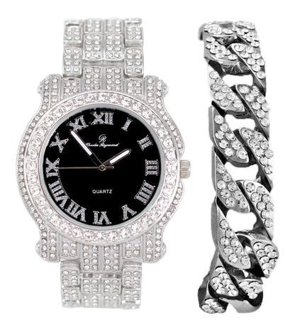 Charles Raymond Bling-ed Out Silver Round Luxury Mens Watch w/Bling-ed Out Bracelet - L0504B