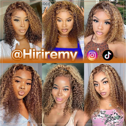 Curly Bob Wig Human Hair Deep Wave 13x4 HD Lace Front Wigs For Black Women Human Hair Pre Plucked Wear And Go Glueless Short Wet And Wavy Ombre Honey Blonde Highlight Color 4/27 14 Inch