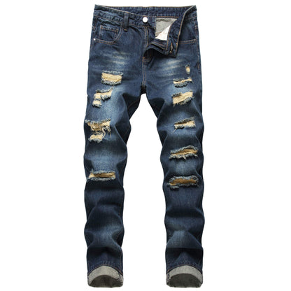 Men's Slim-fit Stretch Denim Jeans Featuring a Ripped Stretch Regular Pants