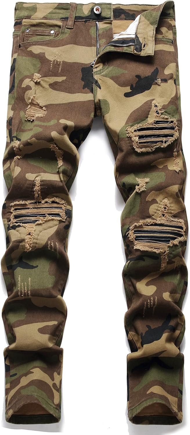 OIIIO Men's Patch Ripped Stretch Regular Fit Jean