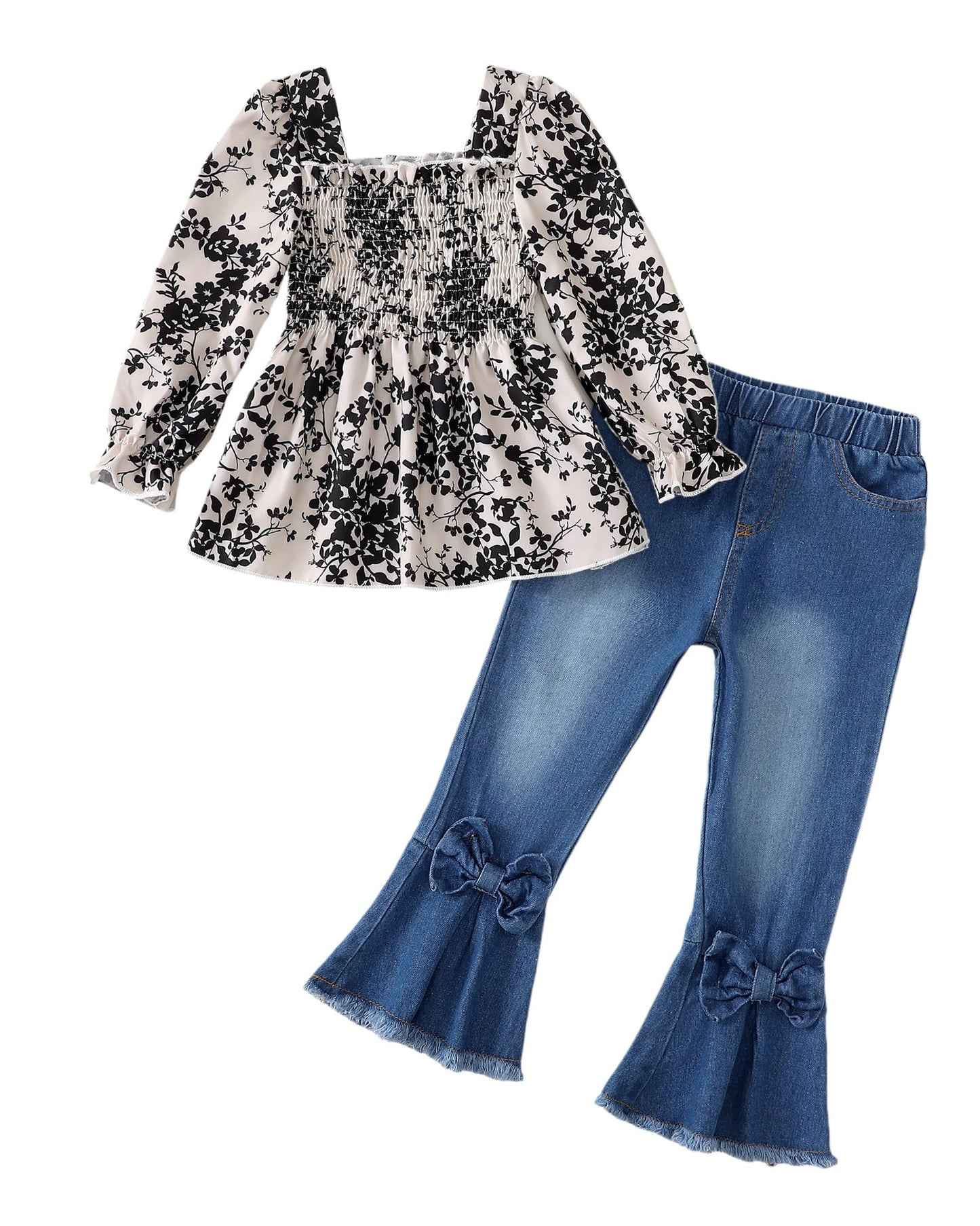 Kucnuzki Toddler Kids Girls Clothes Short Sleeve Shirt Top Flare Denim Jeans 2 Piece Outfits For Girls Cute Clothing Set