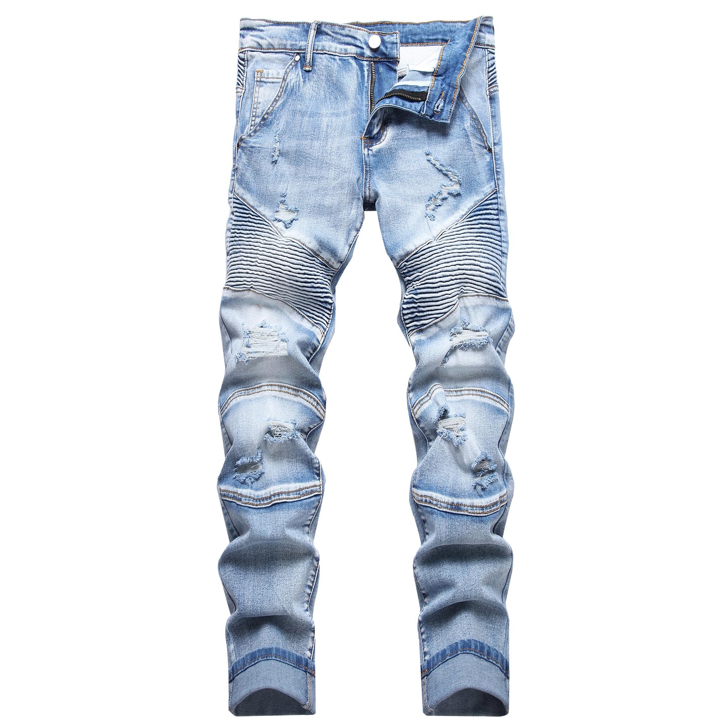 XIMXIMMTIAN Men's Biker Moto Washed Distressed Slim Fit Straight Jeans Denim