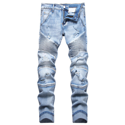 XIMXIMMTIAN Men's Biker Moto Washed Distressed Slim Fit Straight Jeans Denim