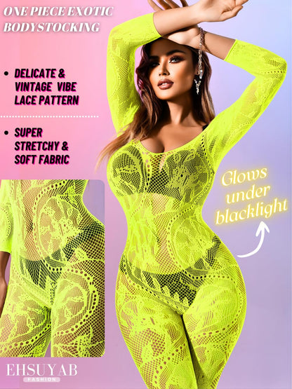 Women Sexy Body Stockings, Fishnet Bodysuit Glow Party Rave, Exotic Dancer Wear Fishnets Lingerie Outfits Plus Size