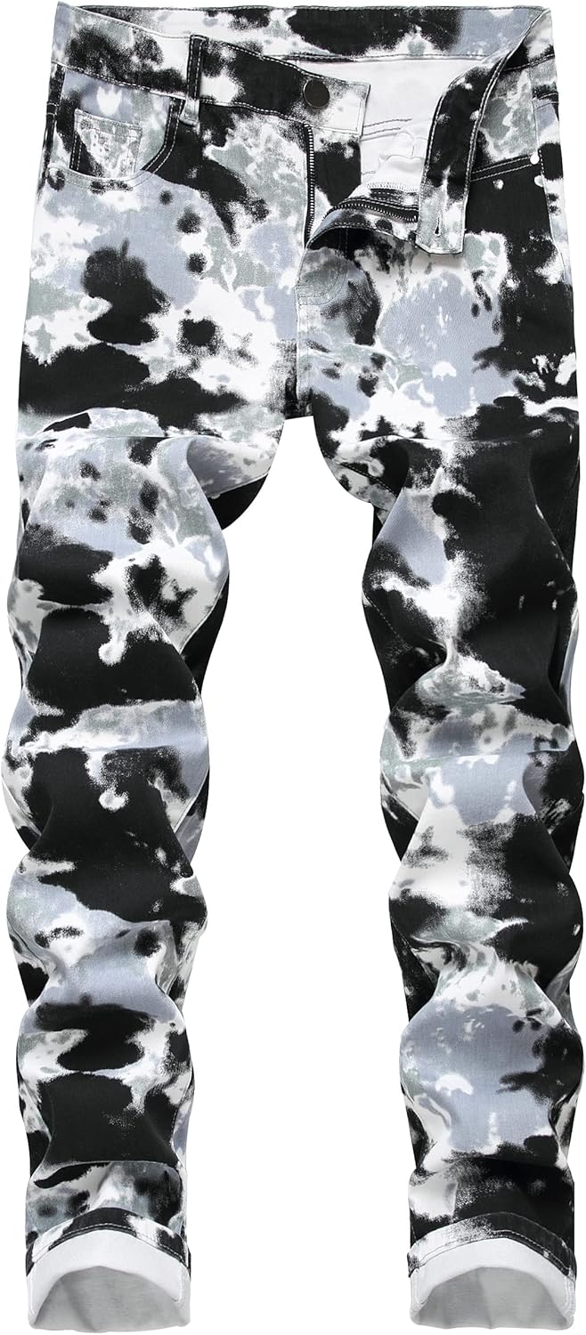 DANT BULUN Men's Fashion Casual Printed Jeans Stretch Skinny Denim Jogger Pants