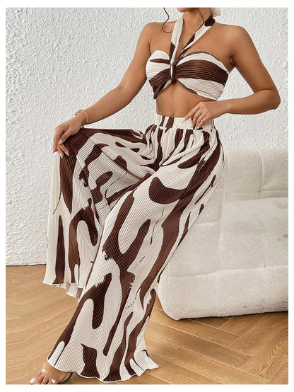 OYOANGLE Women's 2 Piece Outfits Graphic Print Knitted Crop Halter Top and Wide Leg Pants Set