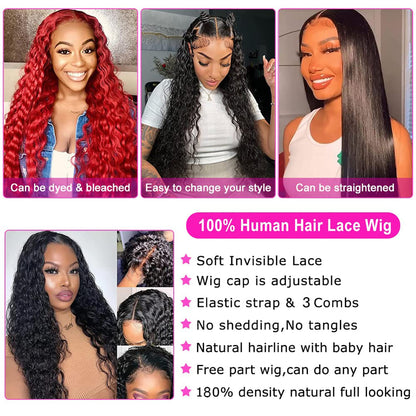Water Wave 13x6 HD Transparent Lace Front Wigs Human Hair 180 Density Wet and Wavy Human Hair Wigs for Women Curly Lace Front Wig Human Hair Pre Plucked with Baby Hair Natural Color (18 Inch)