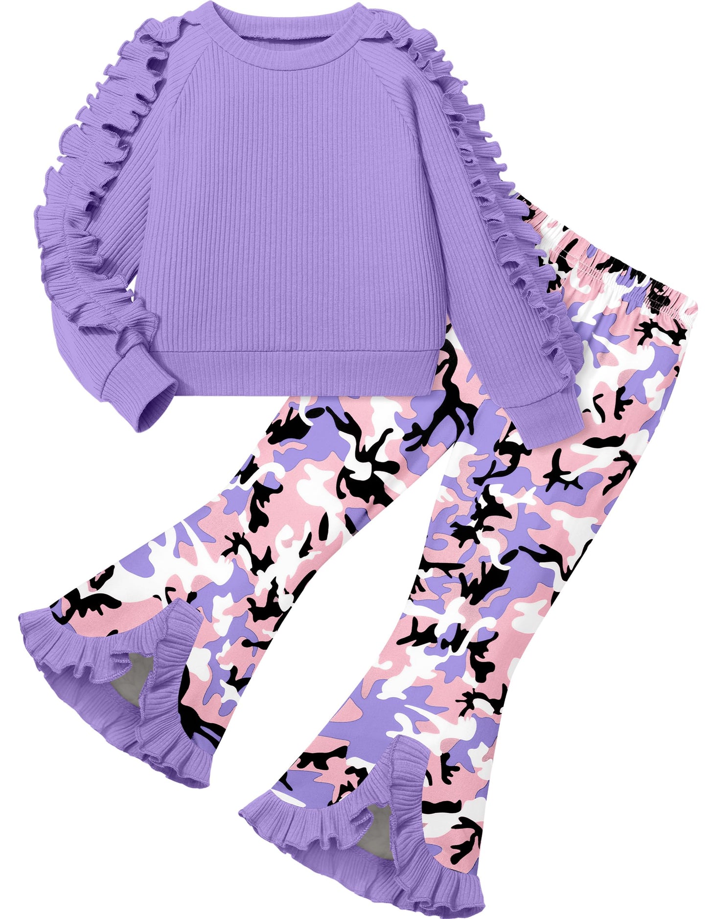 Toddler Girl Clothes Camo Girls Outfits Ruffle Sleeve Tops + Bell Bottom Flared Pants 2 Piece Winter Sweatsuit 2-10T