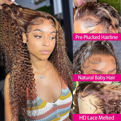 20Inch Deep Wave Lace Front Wigs Human Hair-13x4 HD Transparent Deep Wave Frontal Wigs Human Hair Glueless Curly Wigs for Women 200% Density Curly Lace Front Human Hair Pre Plucked with Baby Hair