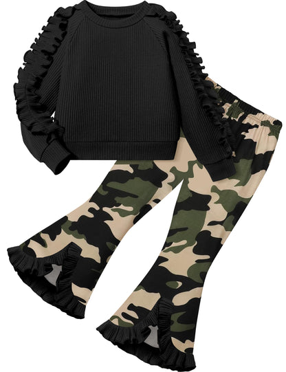 Toddler Girl Clothes Camo Girls Outfits Ruffle Sleeve Tops + Bell Bottom Flared Pants 2 Piece Winter Sweatsuit 2-10T