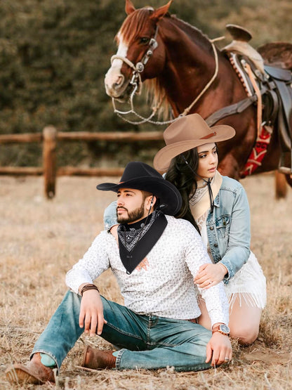 Ibeauti Cowboy Hat with Fringed Bandana Set for Women Wide Brim Western Cowgirl Hat Paisley Head Wrap Scarf