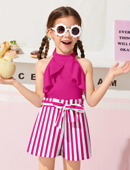 MIGU Girls Clothes Summer Halter Neck Ruffle Sleeveless Top Fashion Cute Floral Belt Shorts Two Piece Outfit Set Size 6-12